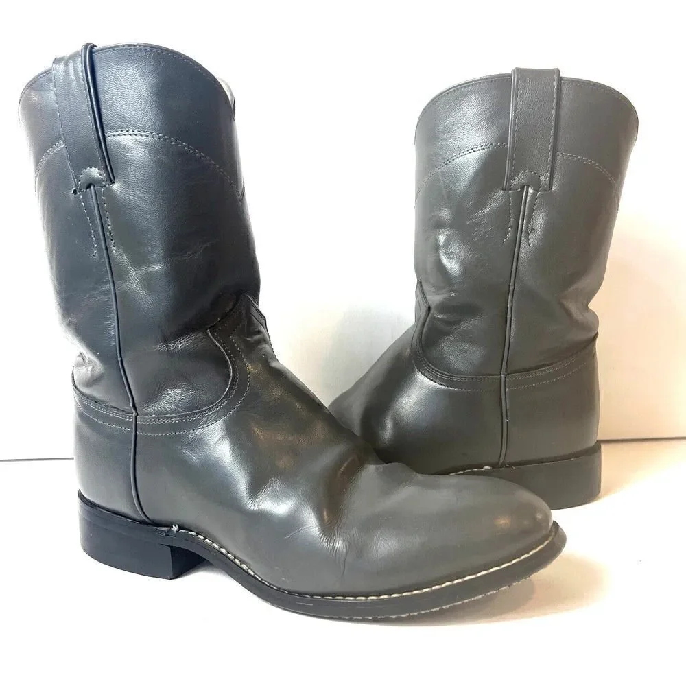Justin Roper Gray Leather Cowboy Western Riding Casual Boots Mens Youth 4 D Shoe